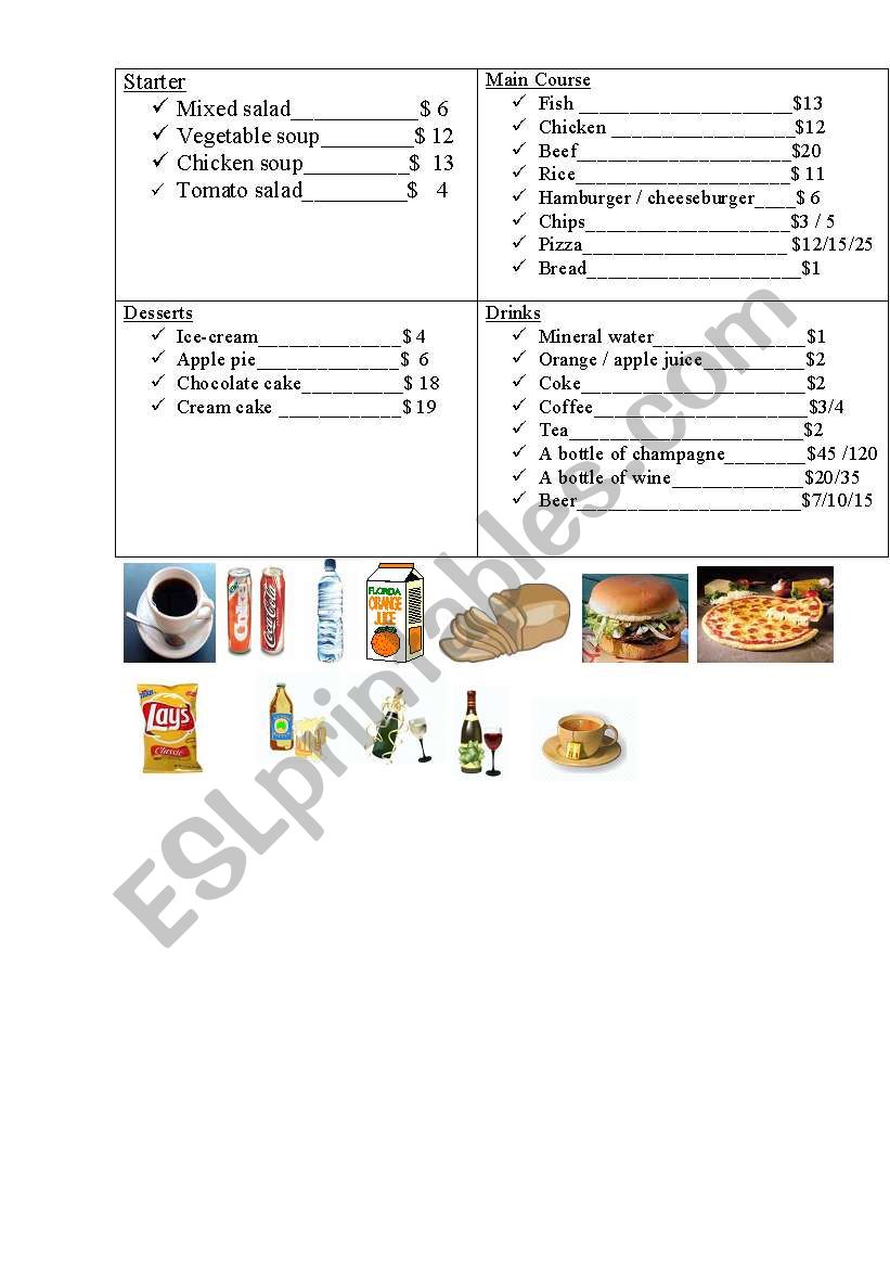 menu worksheet