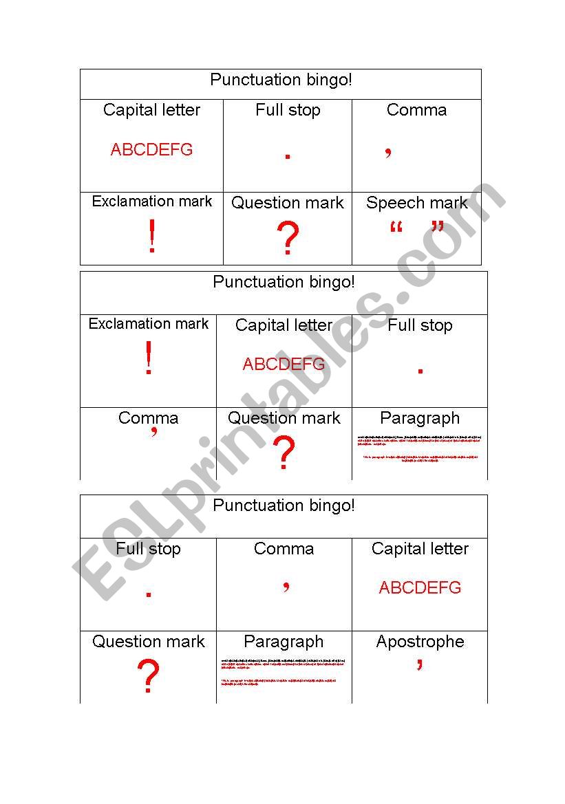 Punctuation bingo worksheet
