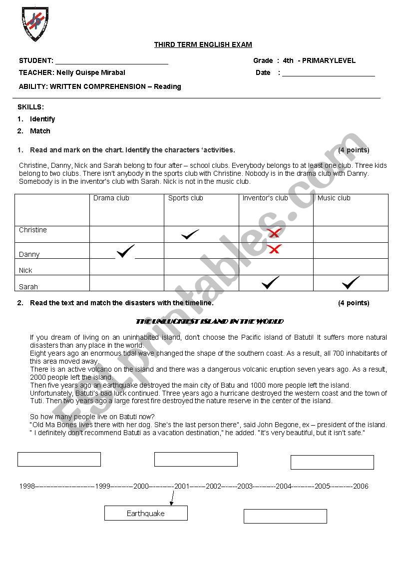 reading comprehension test worksheet