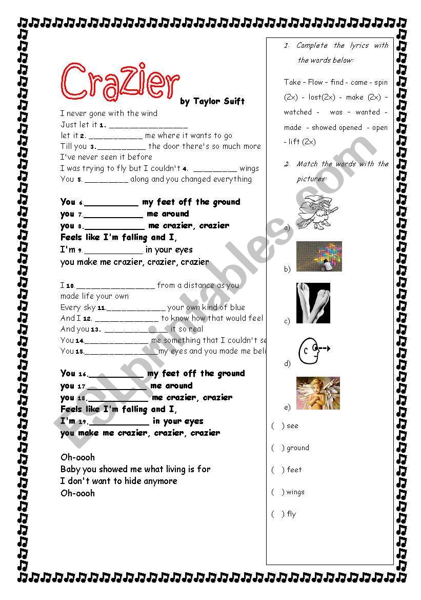 Crazier by Taylor Swift worksheet