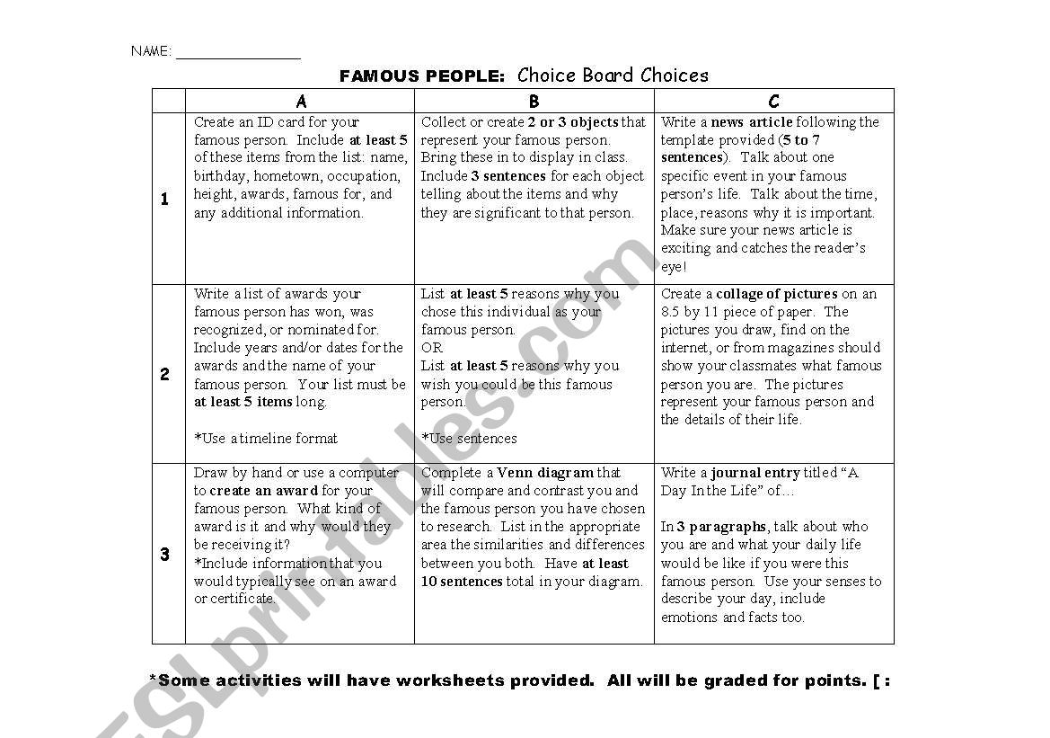 Famous People Choice Board worksheet