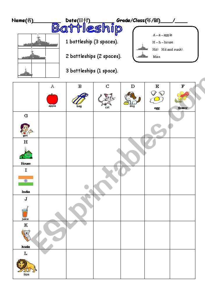 Alphabet Battleship worksheet