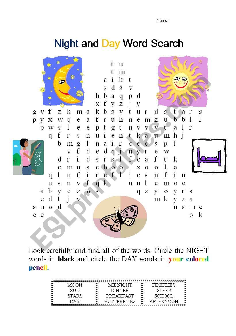 Night and Day Word Search worksheet