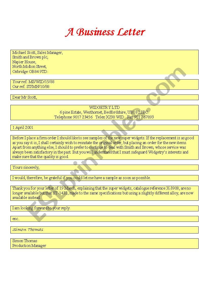 A Business Letter worksheet