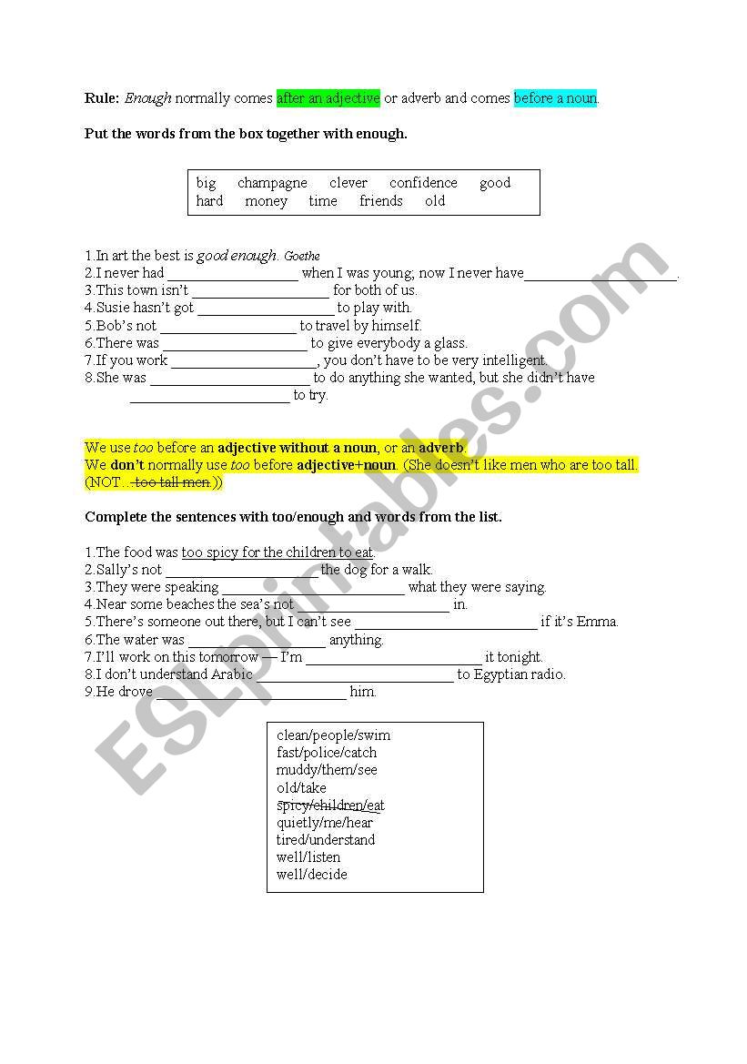 too-enough worksheet