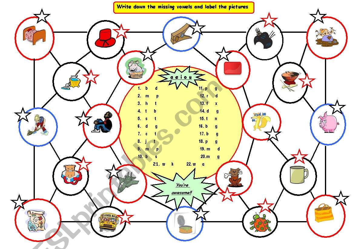Missing vowels and labeling worksheet