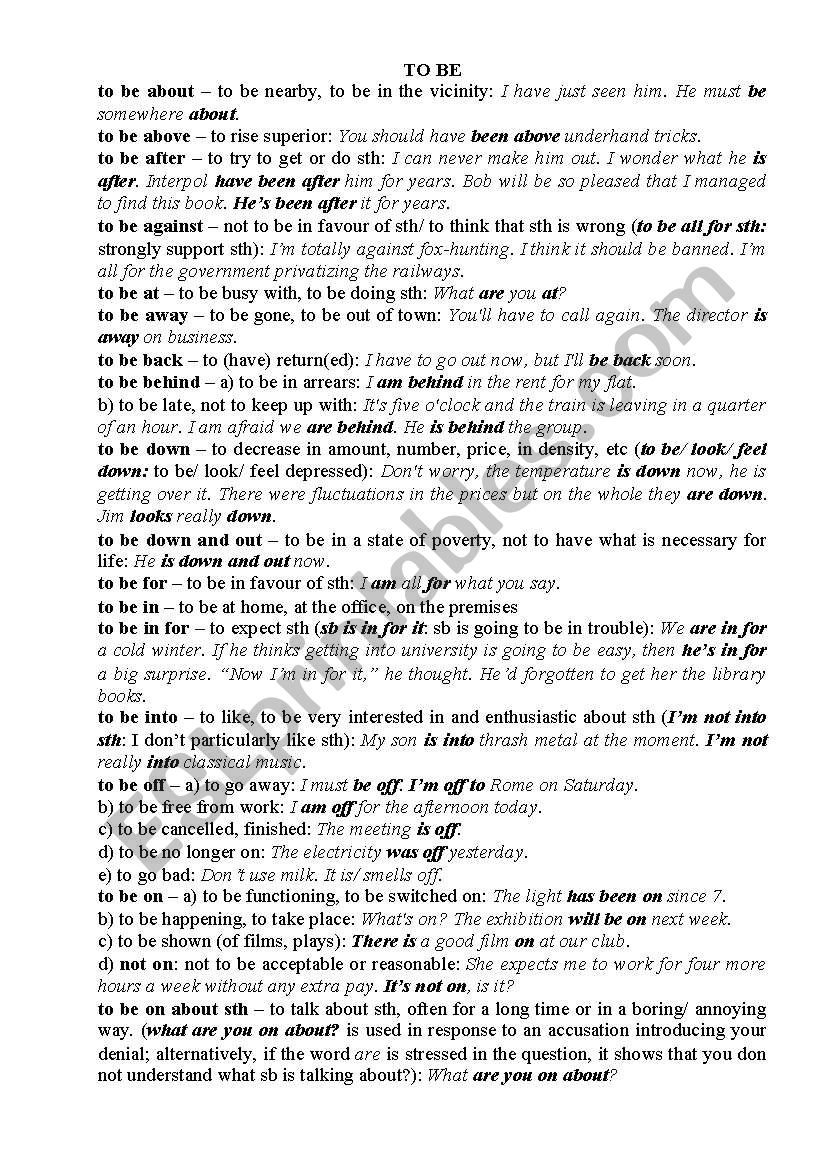 To Be phrasal verb worksheet