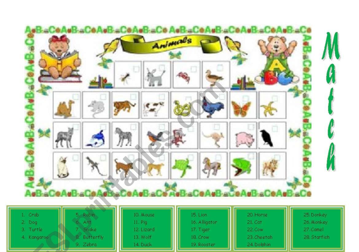 animals match worksheet