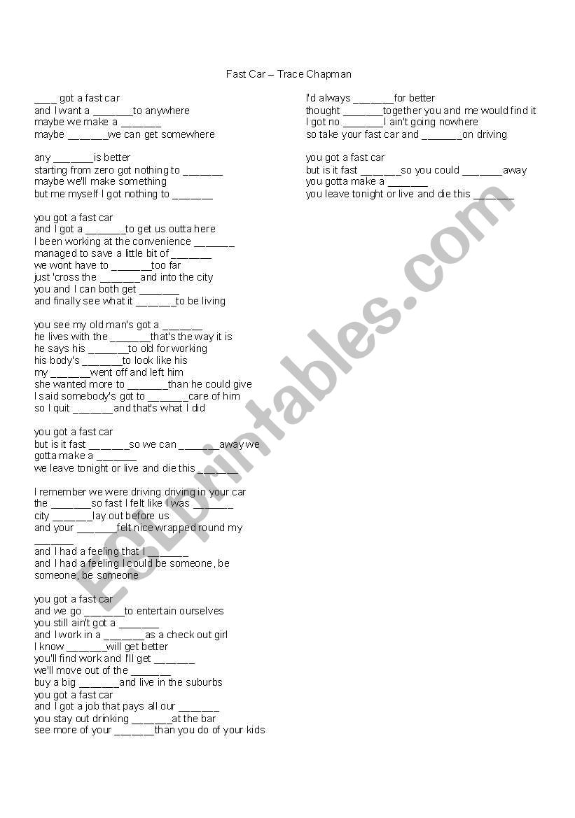 Fast Car - Trace Chapman worksheet