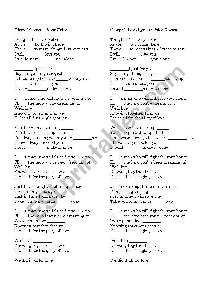 Glory of Love - Peter Cetera worksheet