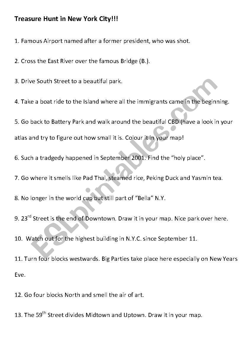 Treasure Hunt in N.Y.City worksheet