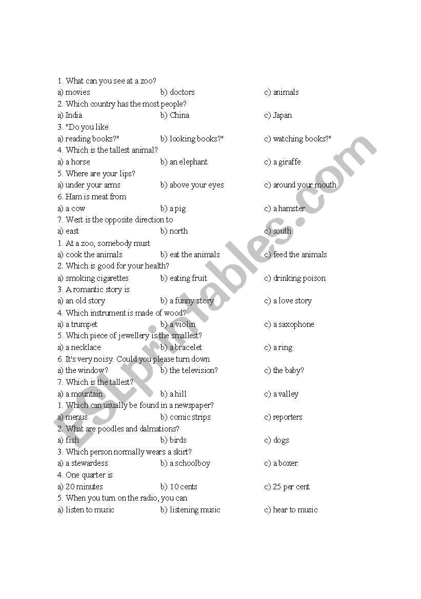 trivia questions worksheet