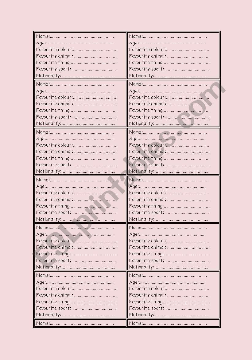 Role Cards: Pesonal Information with instructions