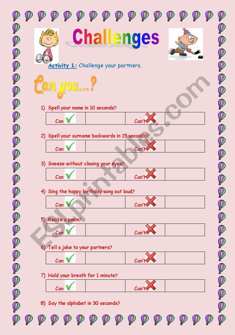 Challenges: can or cant you? worksheet