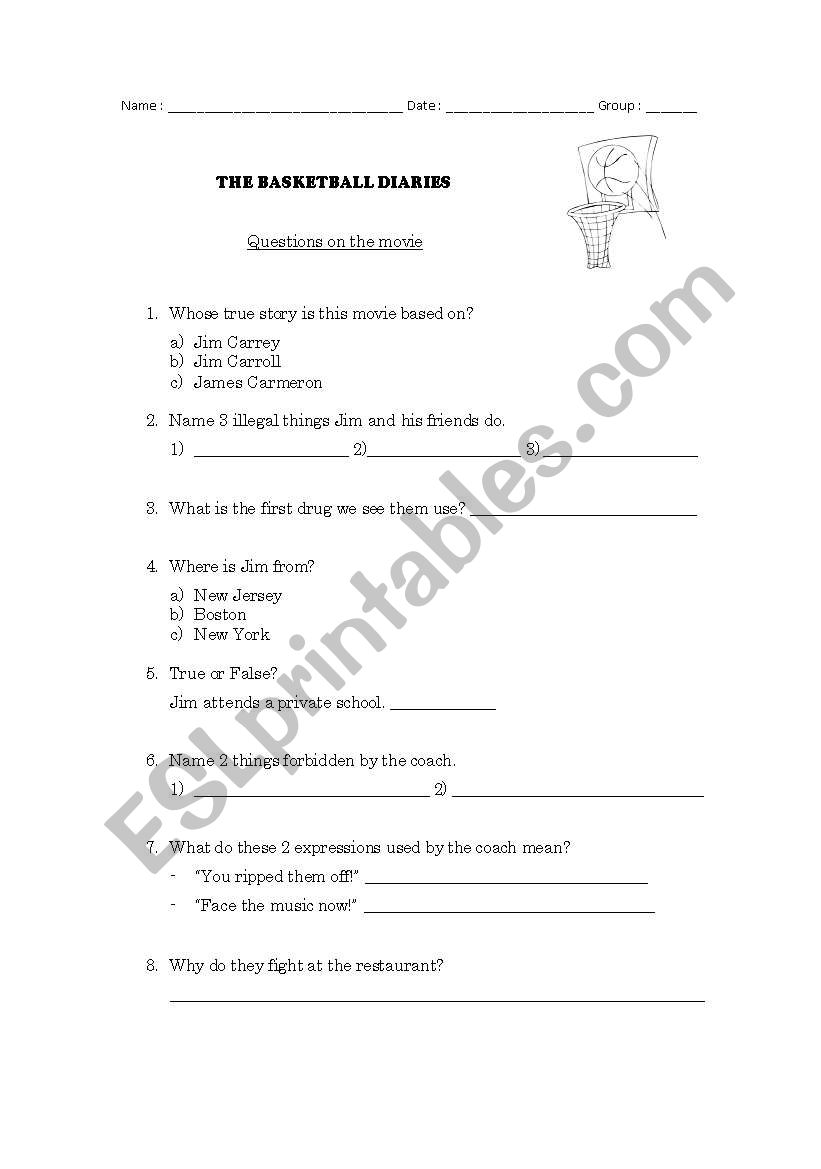 The Basketball Diaries worksheet