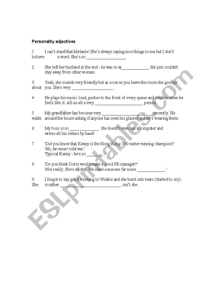 Personality adjectives worksheet
