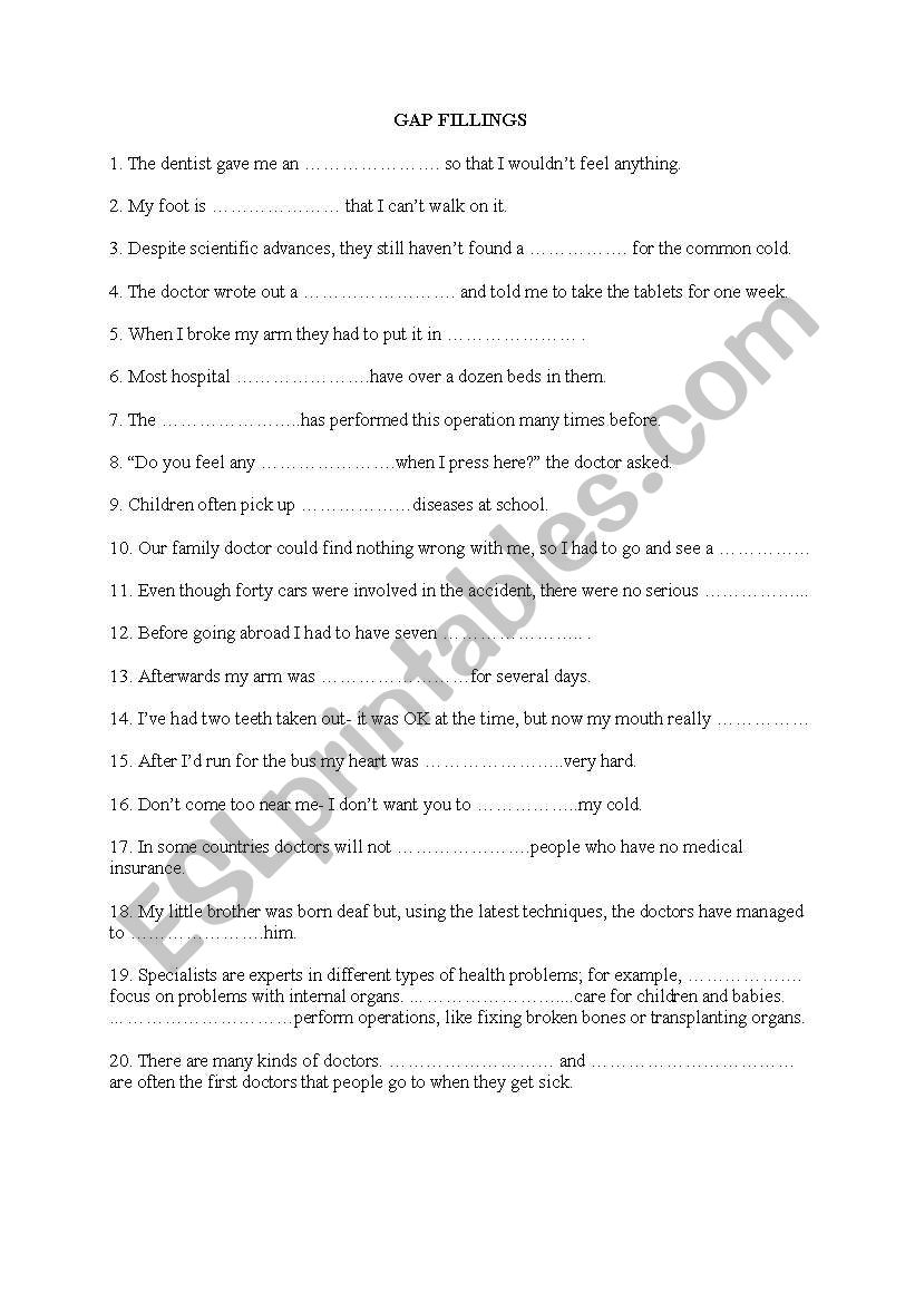 MEDICINE-GAP FILLINGS worksheet