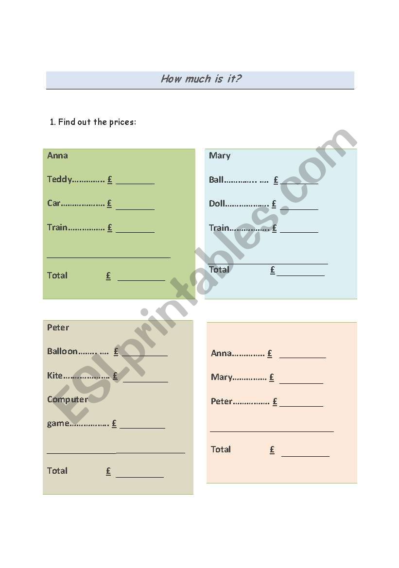 Find out: How much is it? worksheet