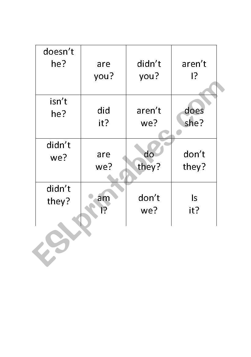 Tag Question Bingo 1 worksheet