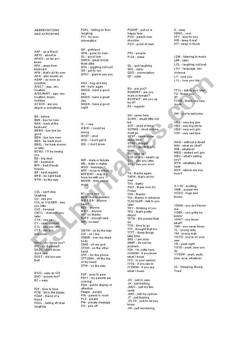 Acronyms and Abbreviations worksheet