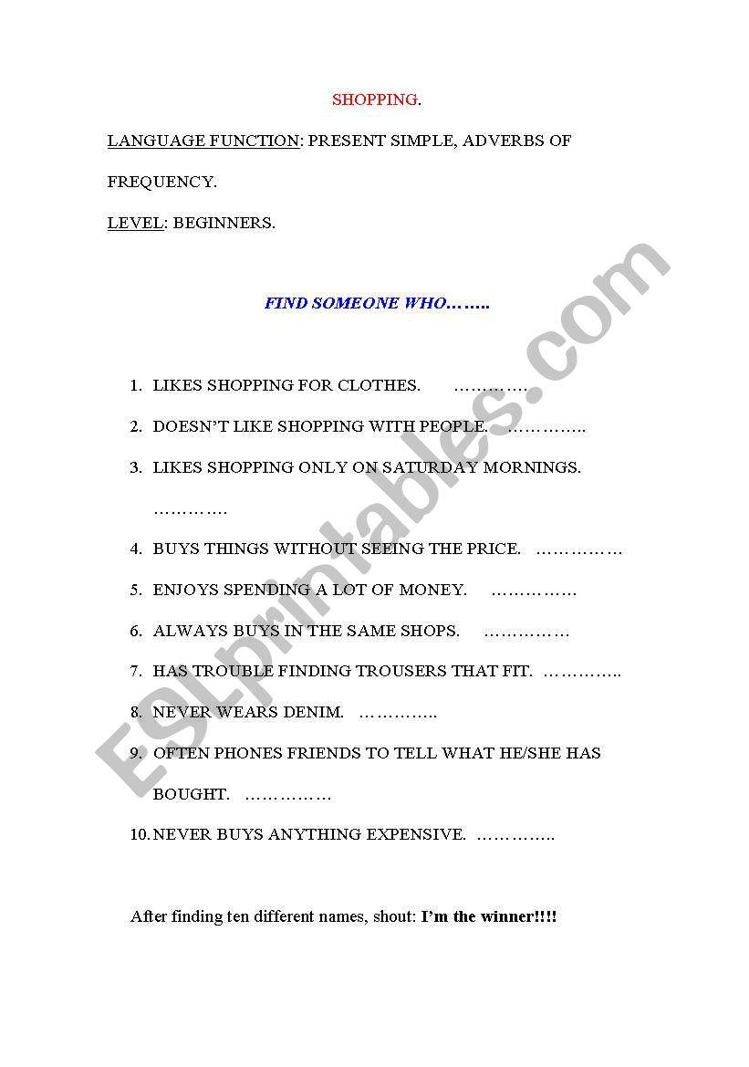 Shopping worksheet