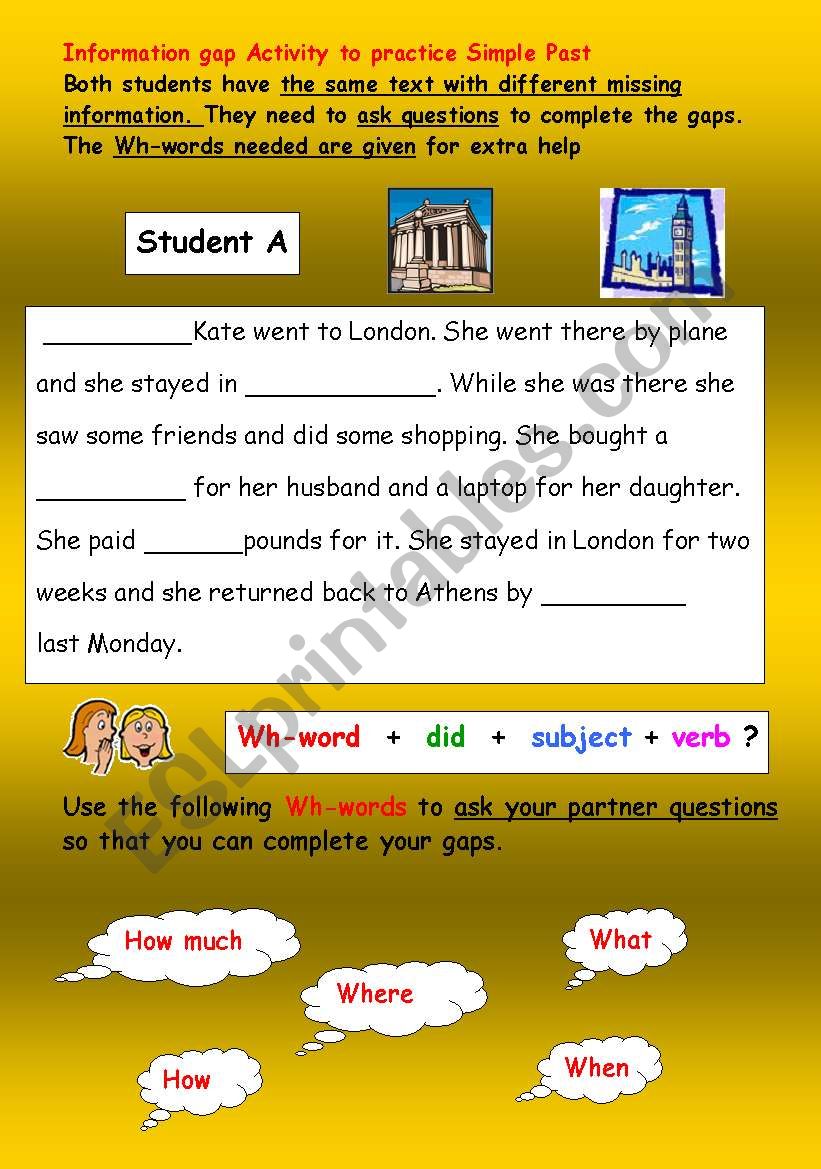 Information-gap activity to practise Simple Past Questions (in pairs)