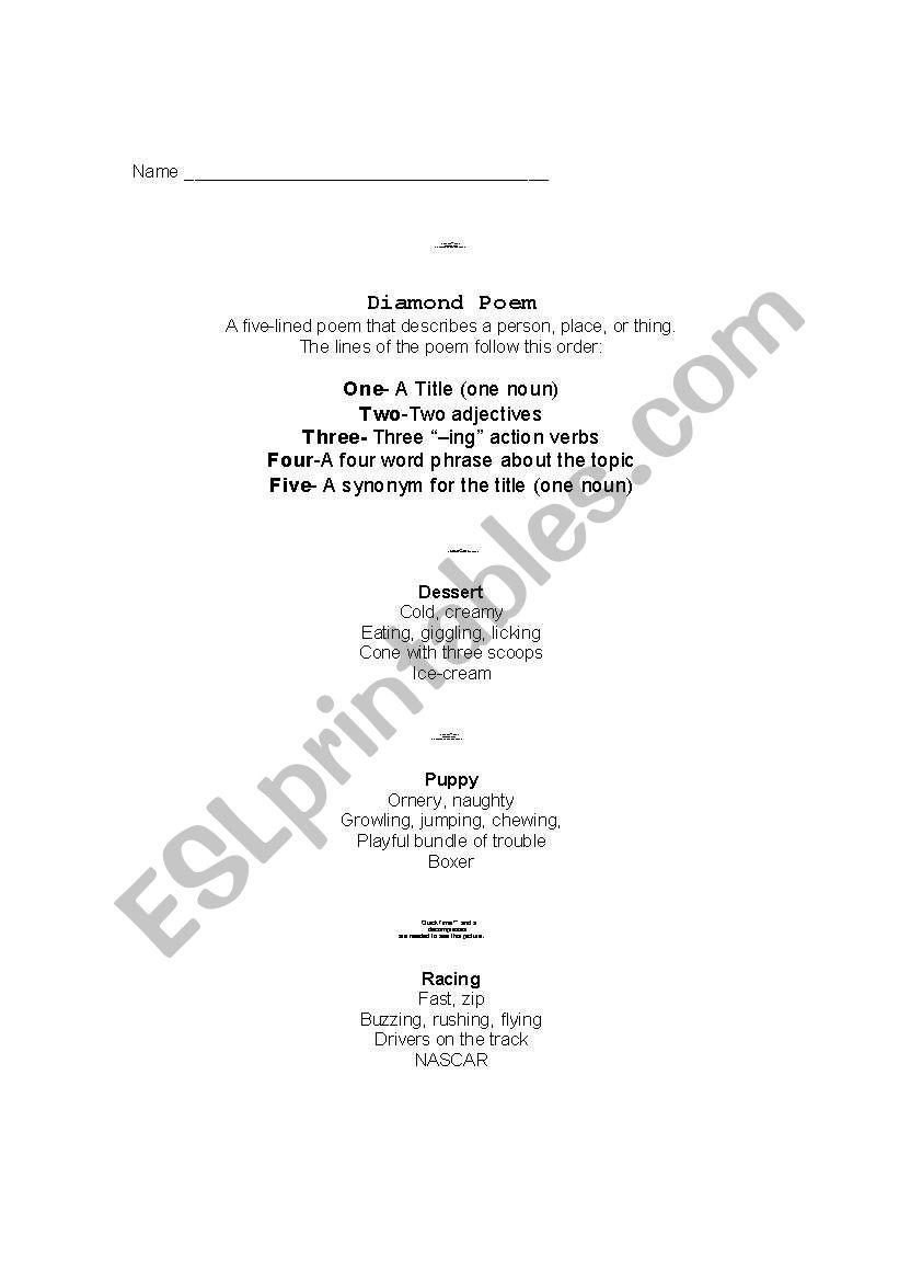 Diamond Poetry worksheet