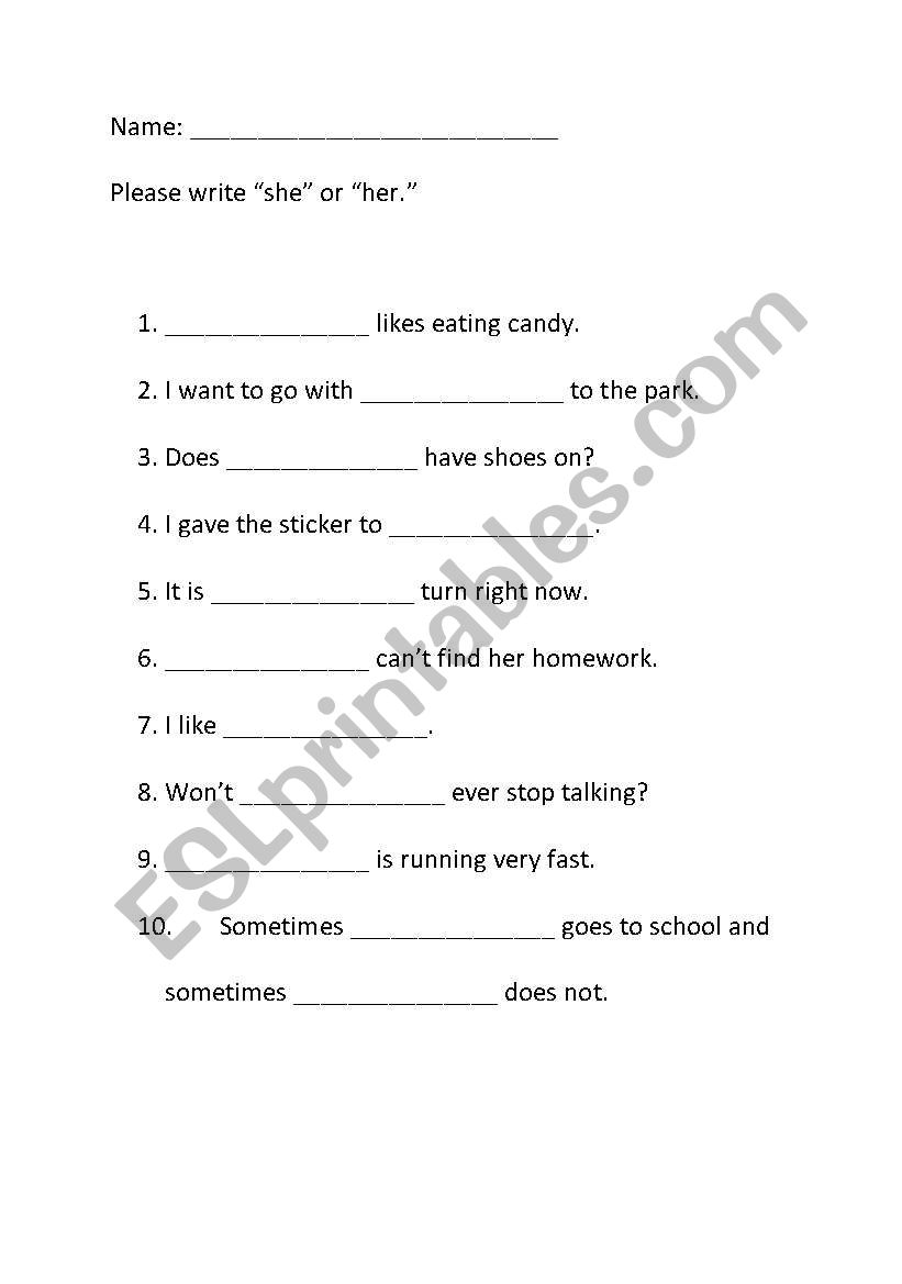 She or Her worksheet