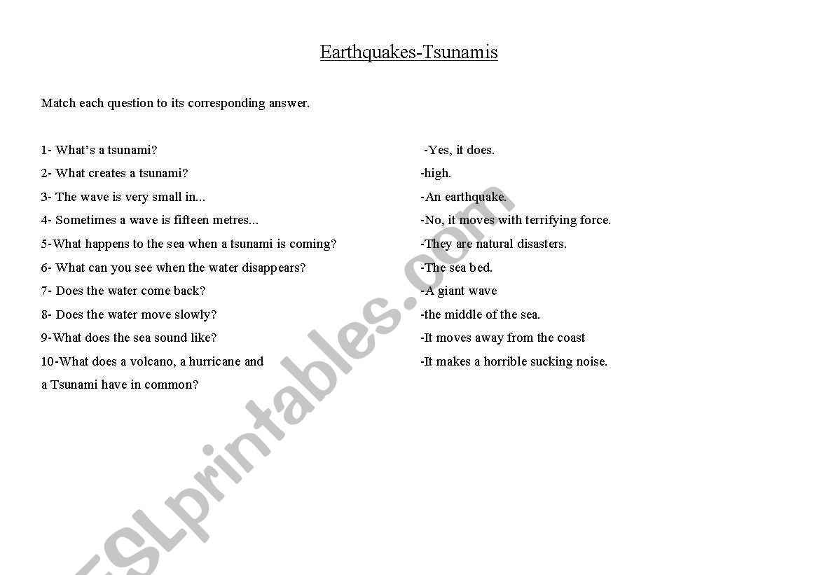 Earthquakes and Tsunamis worksheet