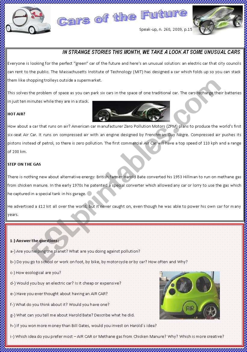 Cars of the Future - Reading worksheet