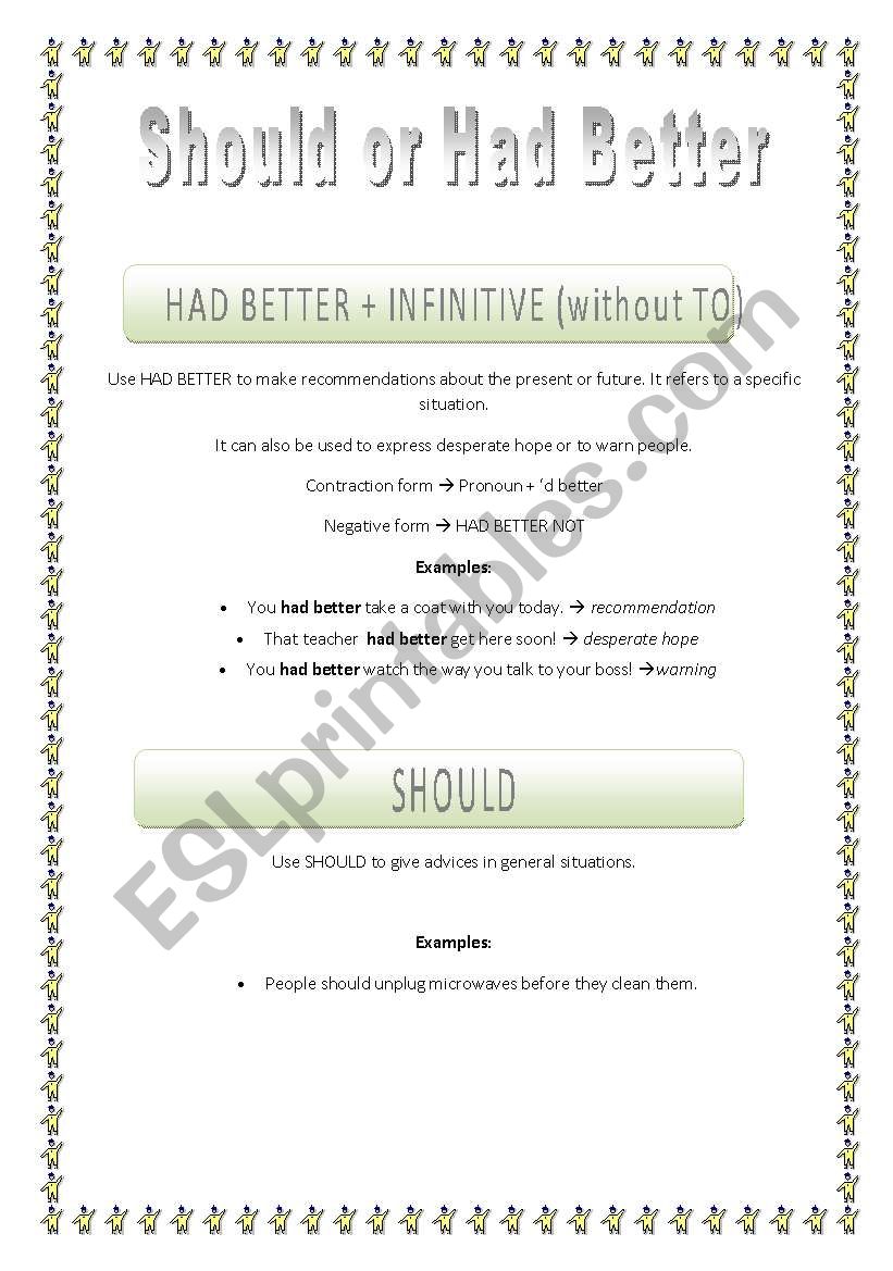 Use of should and had better worksheet