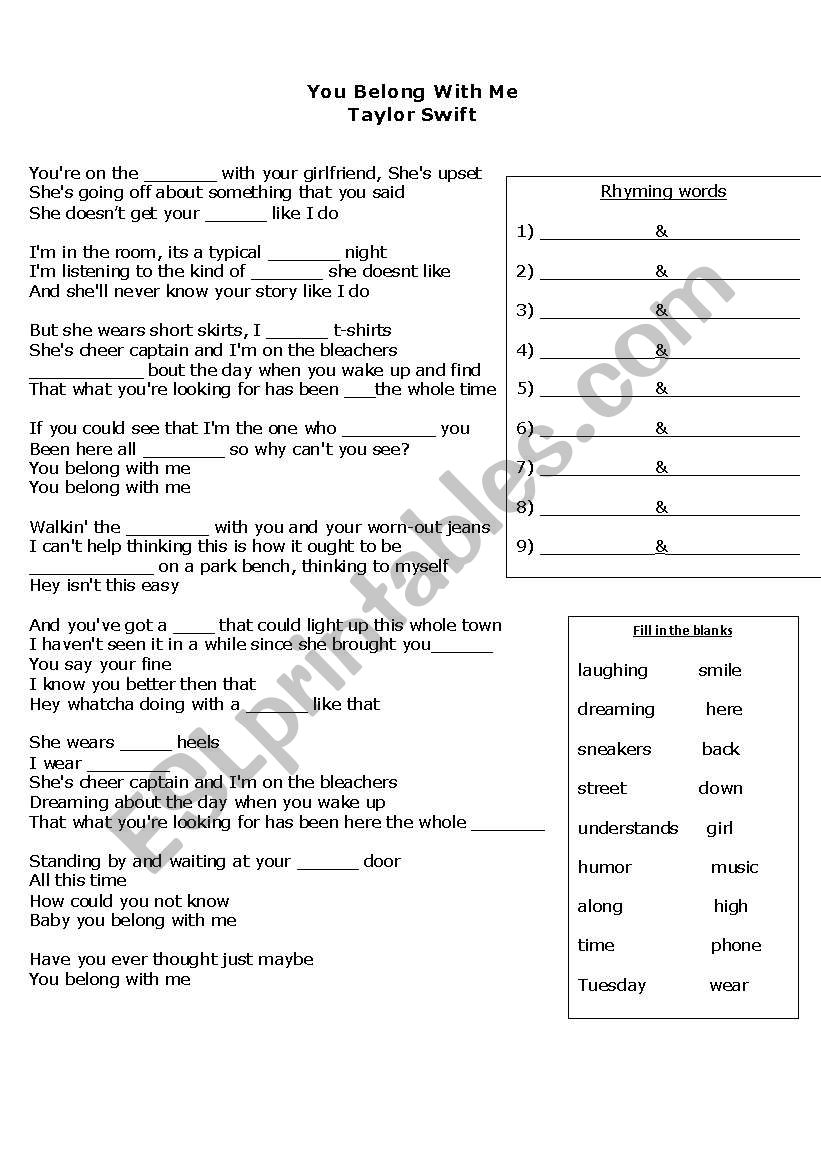 Taylor Swift Song Lesson worksheet