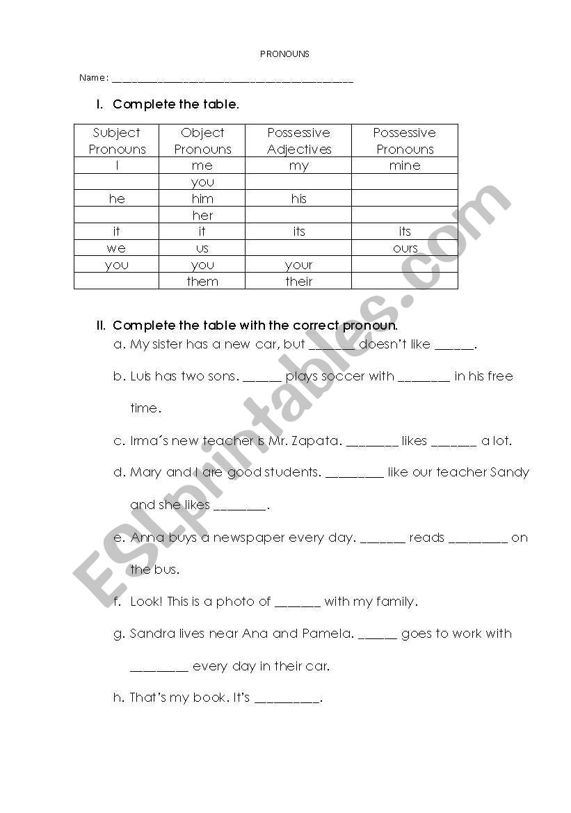 pronouns worksheet