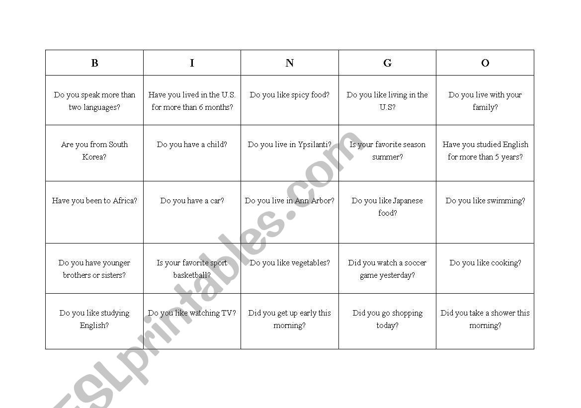 Bingo Icebreaker worksheet