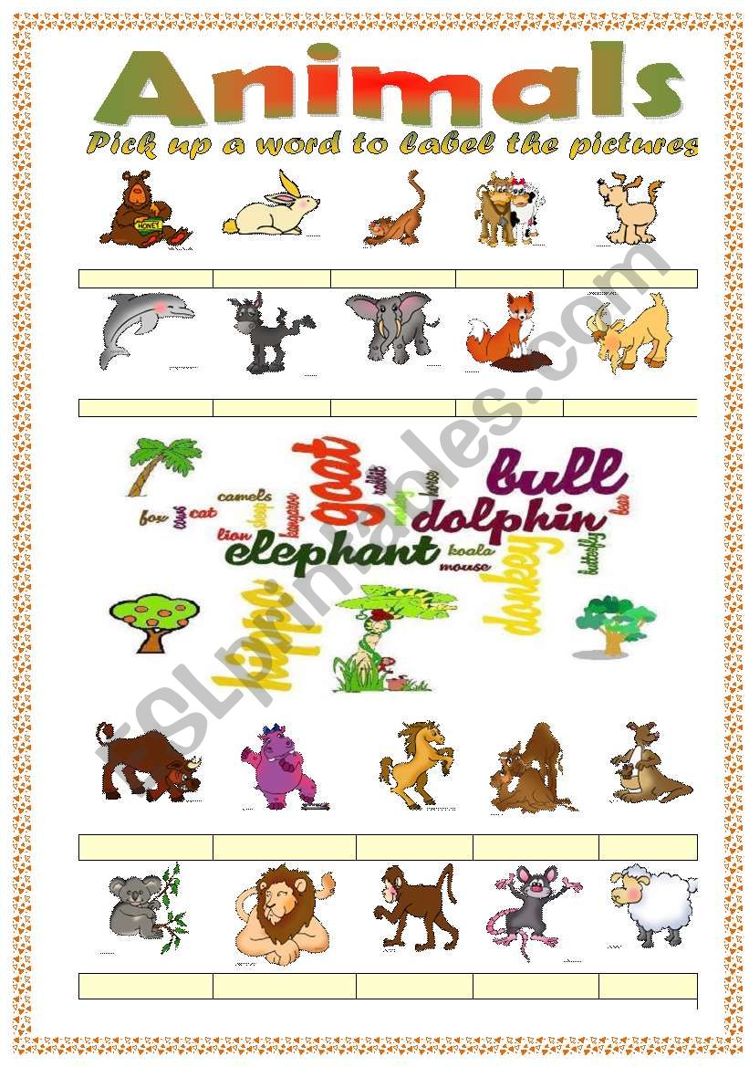 Animals vocabulary (word mosaic included)
