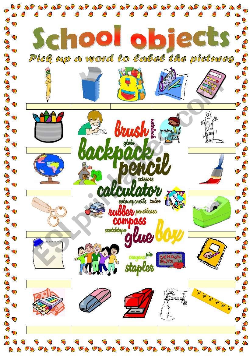 school objects vocabulary (word mosaic included)