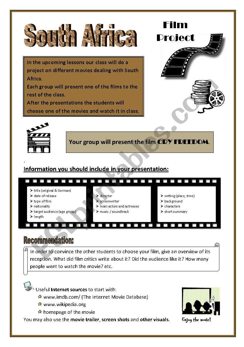 Film project South Africa worksheet