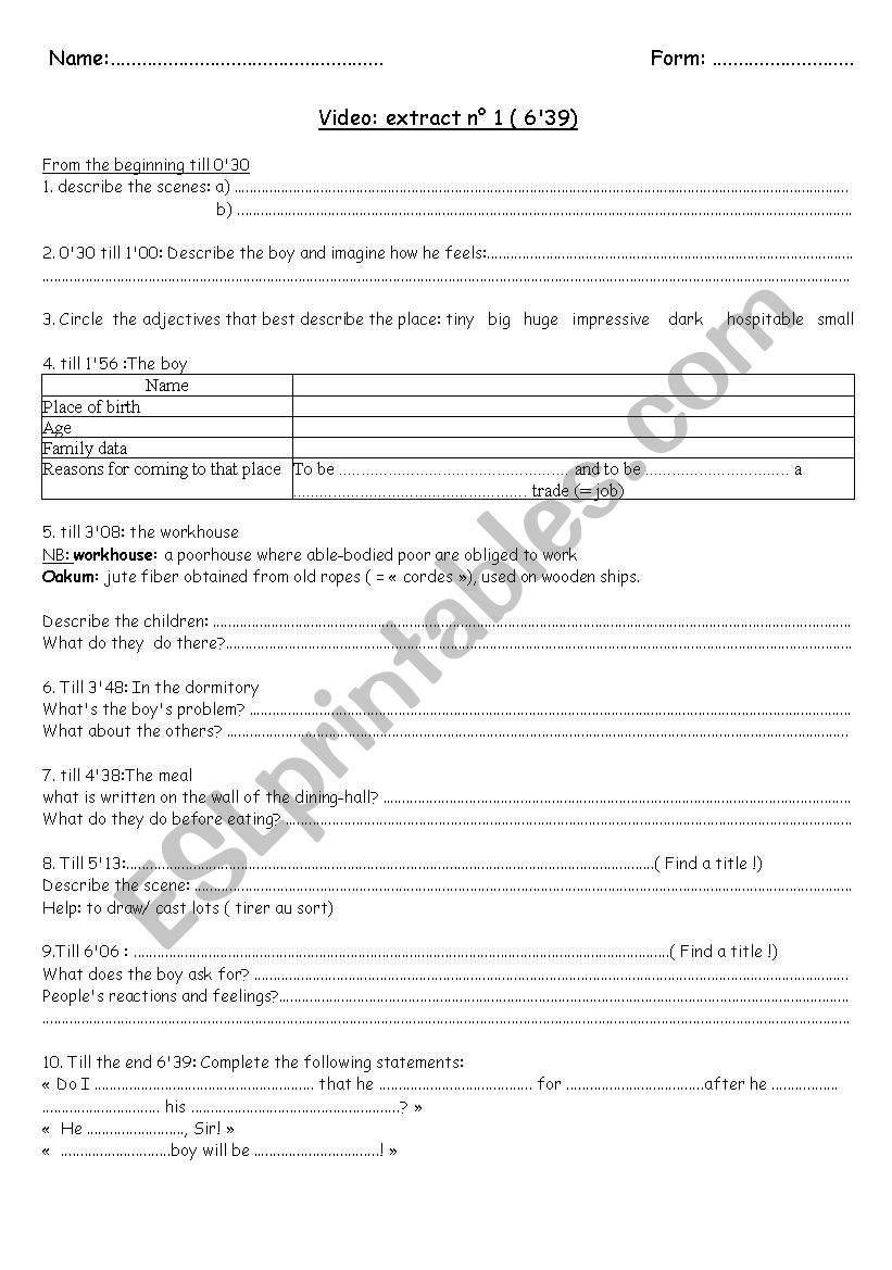 Oliver Twist worksheet