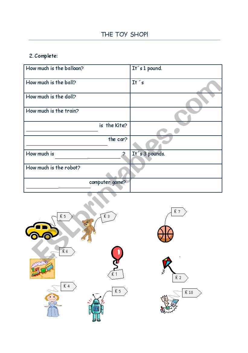 Toys price worksheet