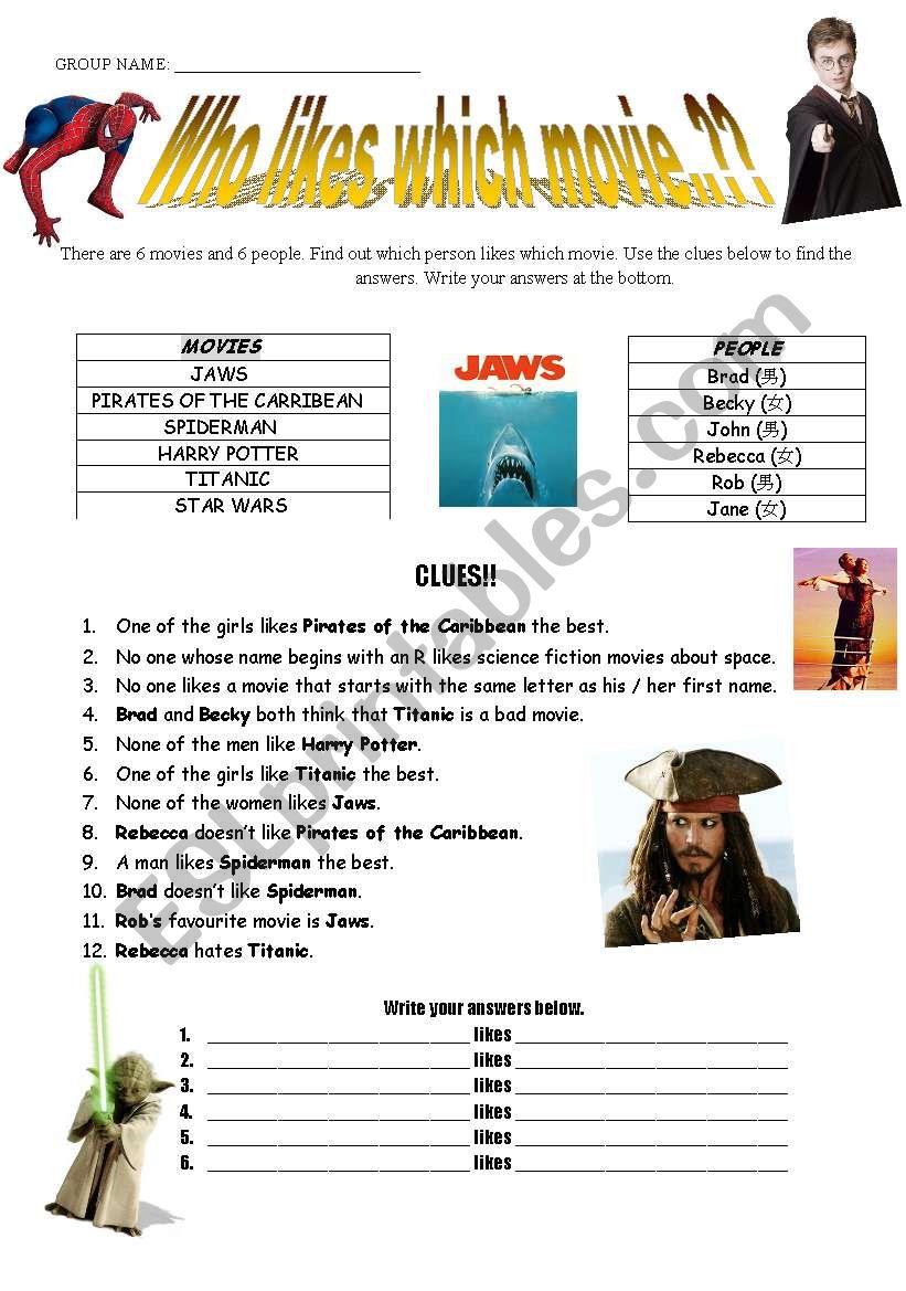 Who Likes Which Movie..?? worksheet Who Likes Which Movie..?? worksheet