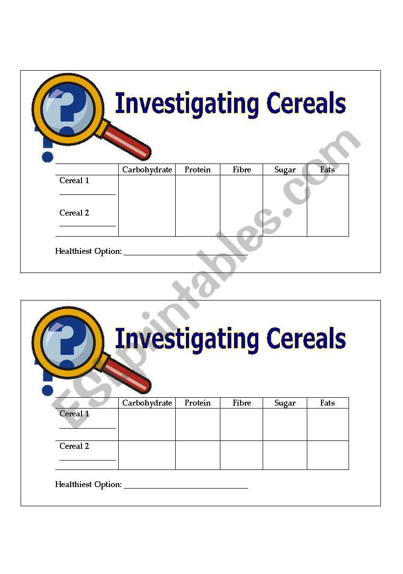 Investigating Cereals worksheet