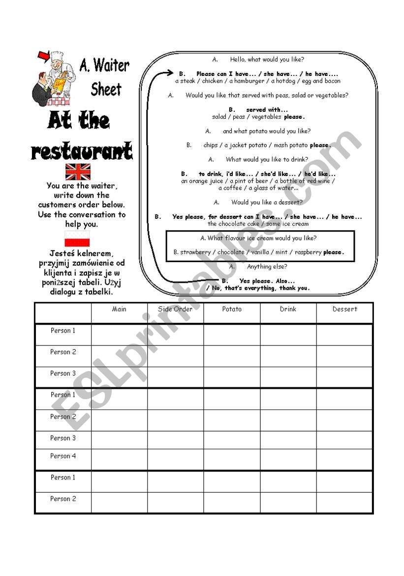 At the Restaurant Roleplay Sheets A and B (Part 4 of 4)