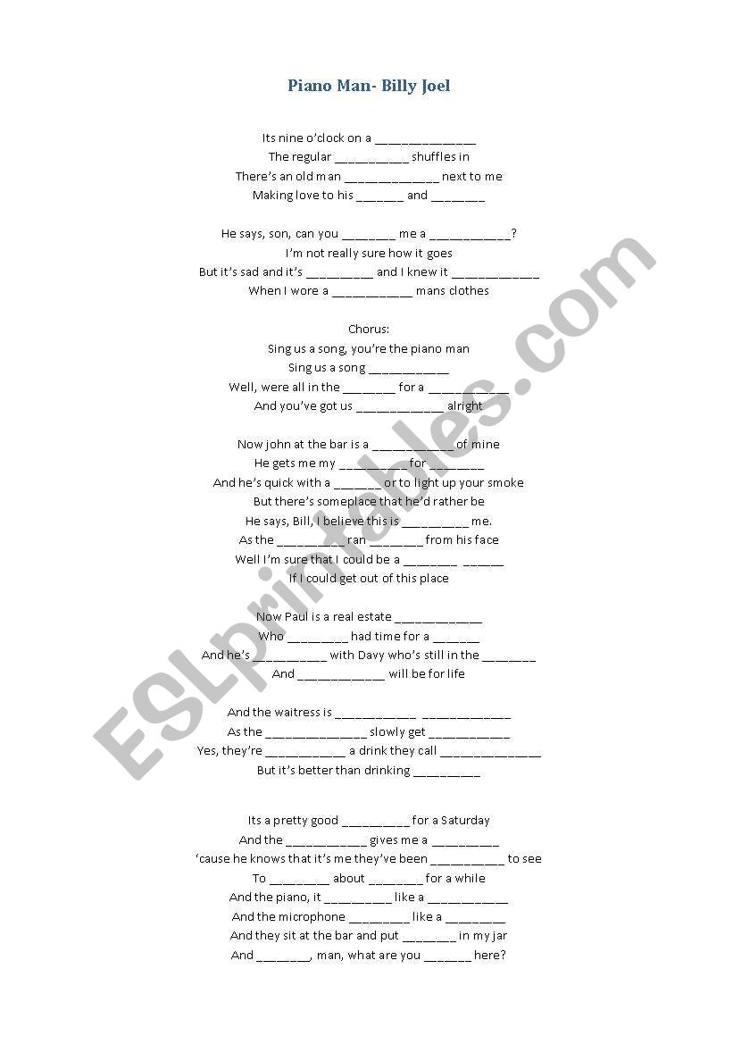 Billy Joel Piano Man worksheet