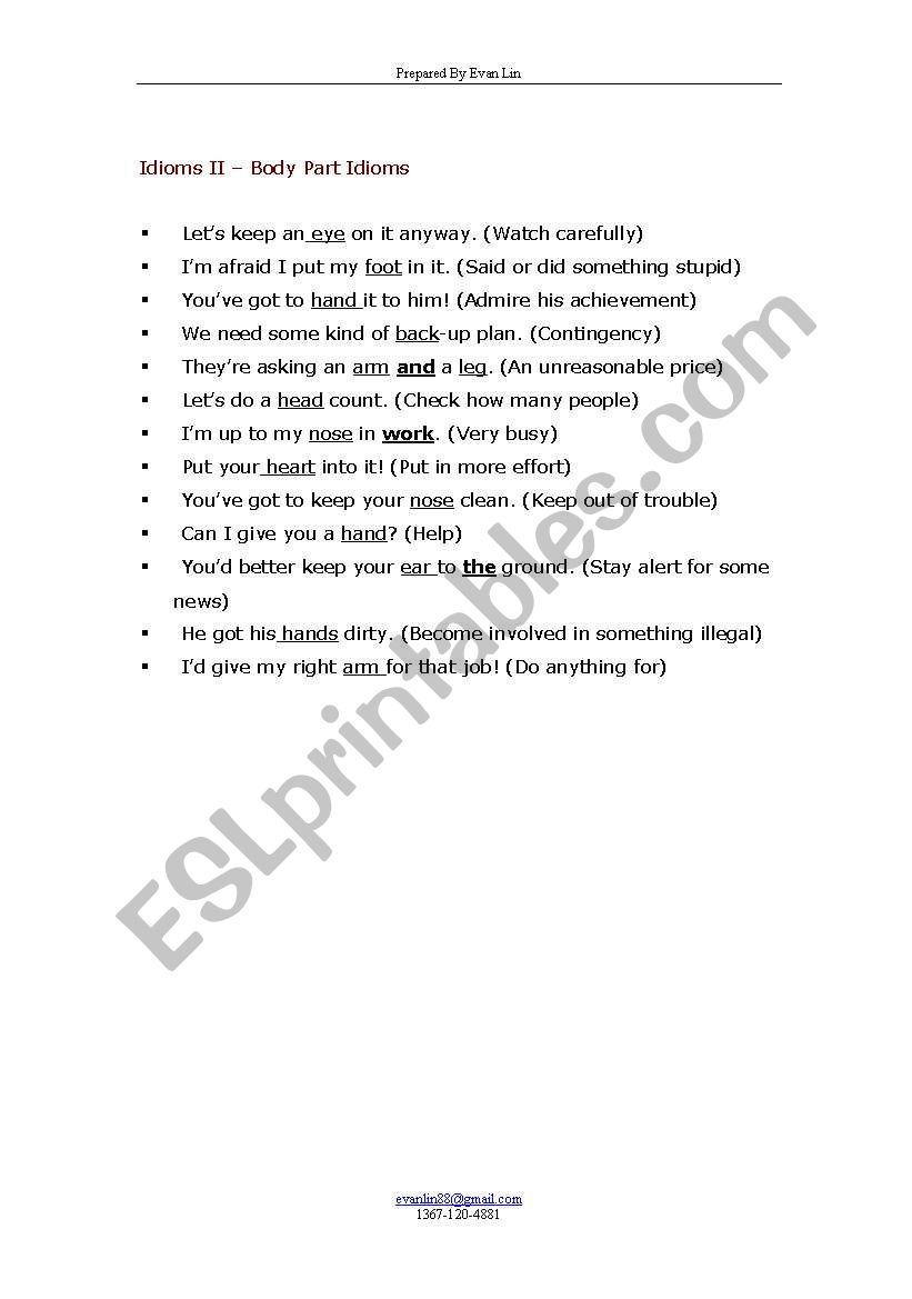 Body idiom worksheet