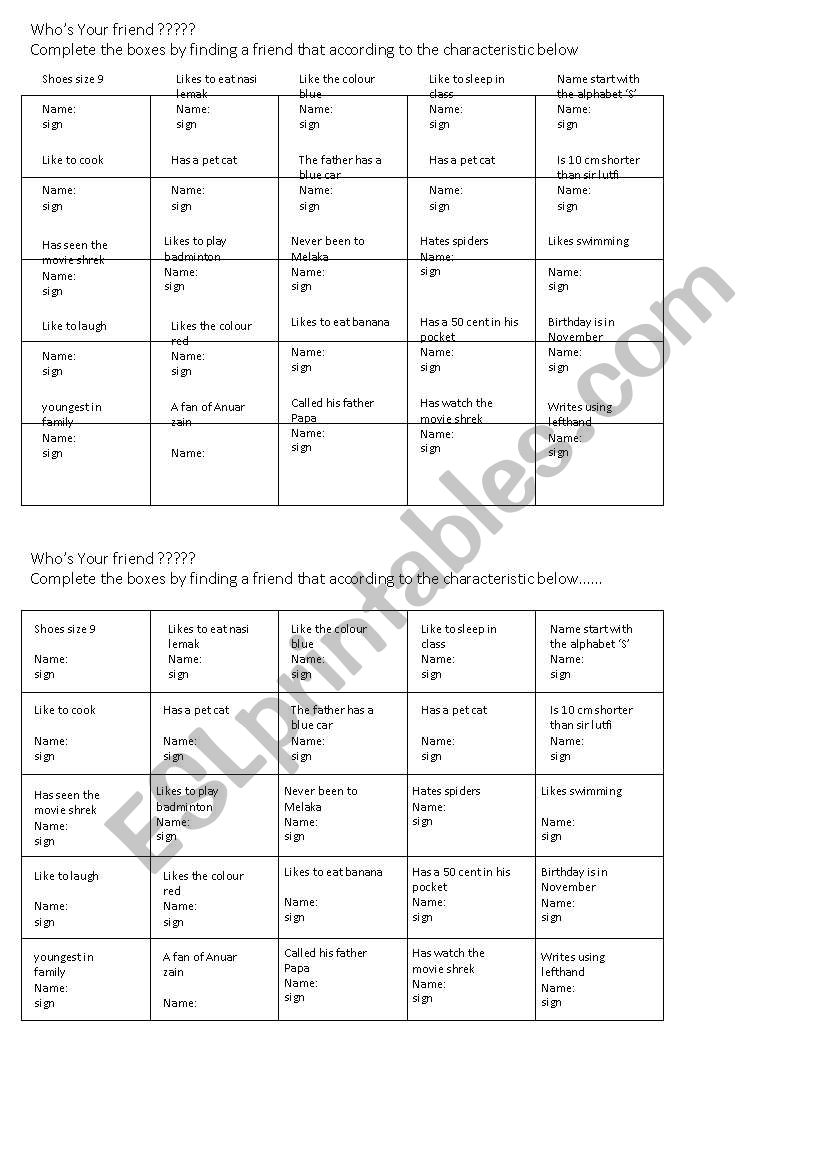 binggo table worksheet