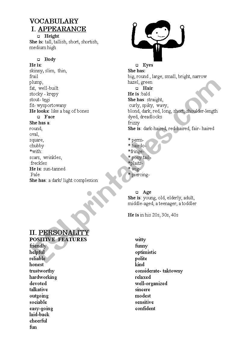 Appearance and Personality worksheet