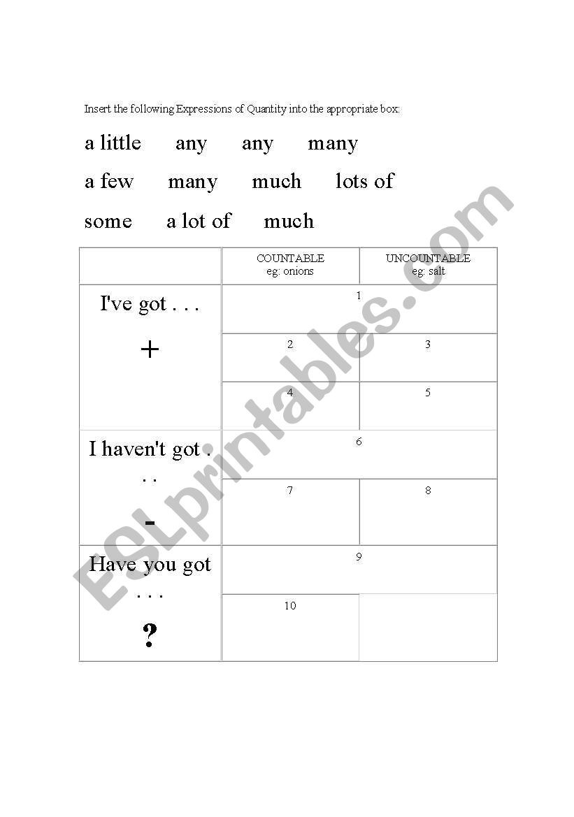Expressions of Quantity  worksheet