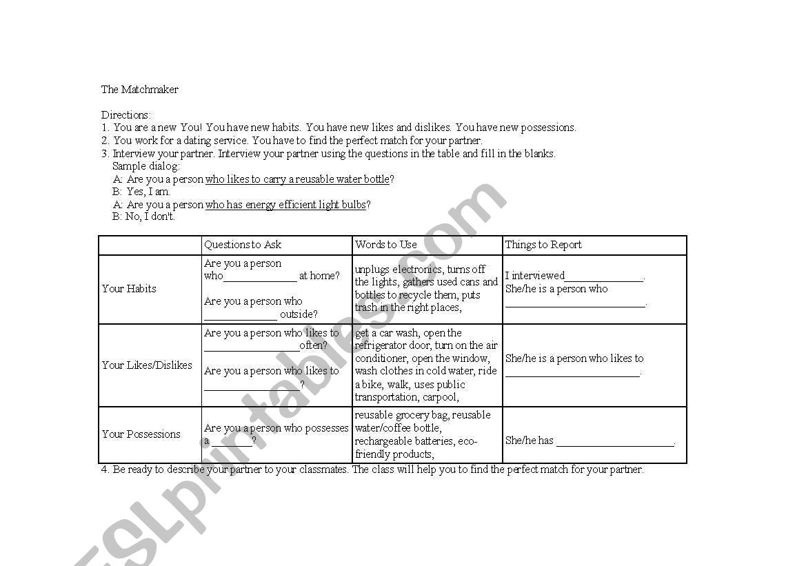 Matchmaker (going green) worksheet