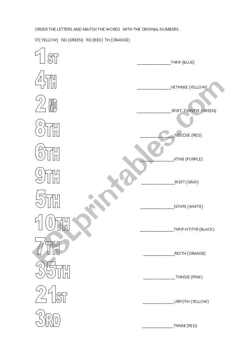 ordinal numbers  worksheet