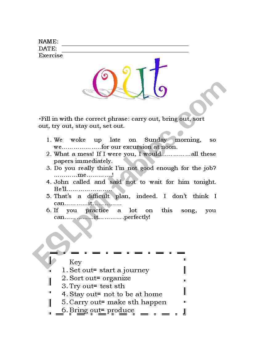 phrases with OUT +key worksheet